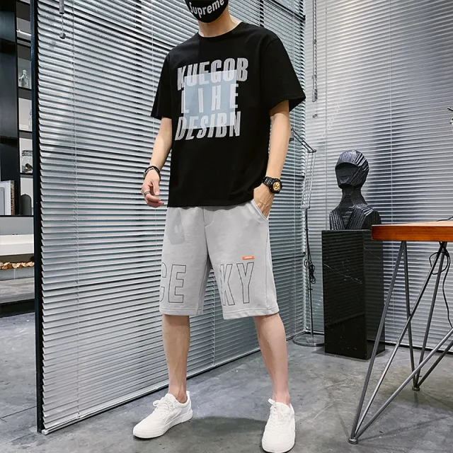 Summer New Men's Thin Suit Round Neck T shirt A Set Of Two piece Student Sports Two piece Five point Pants Style D Xl - Shop at LoveMi