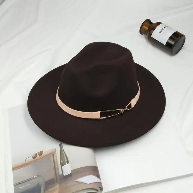 Metal Buckle Cone Top Flat Brim Woolen Hat Brown - Shop at LoveMi