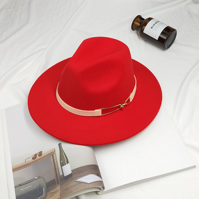Metal Buckle Cone Top Flat Brim Woolen Hat Red - Shop at LoveMi