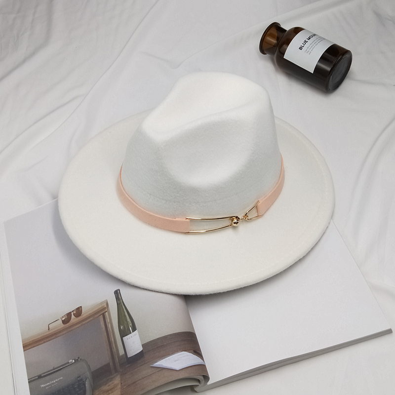 Metal Buckle Cone Top Flat Brim Woolen Hat