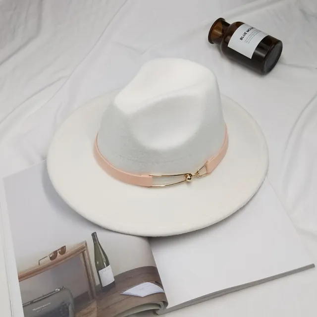 Metal Buckle Cone Top Flat Brim Woolen Hat White - Shop at LoveMi