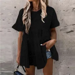 Cotton And Linen Hollow Jacquard Round Neck Short-sleeved Shirt - Black - View 1