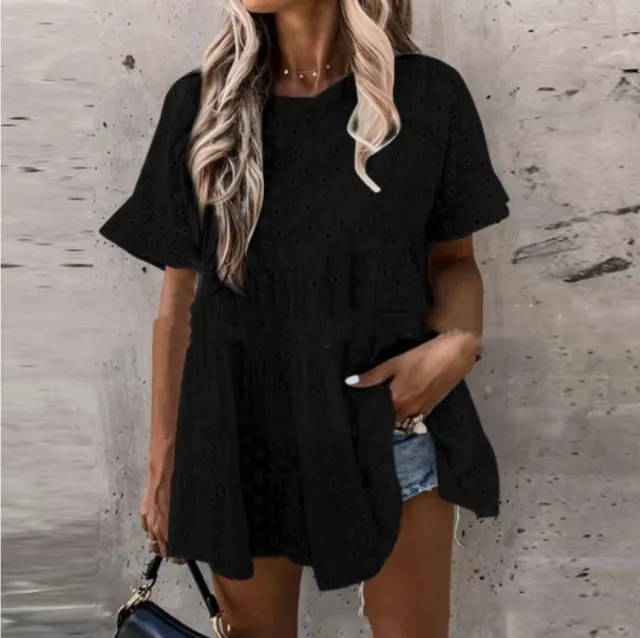 Cotton And Linen Hollow Jacquard Round Neck Short sleeved Shirt Black - Shop at LoveMi