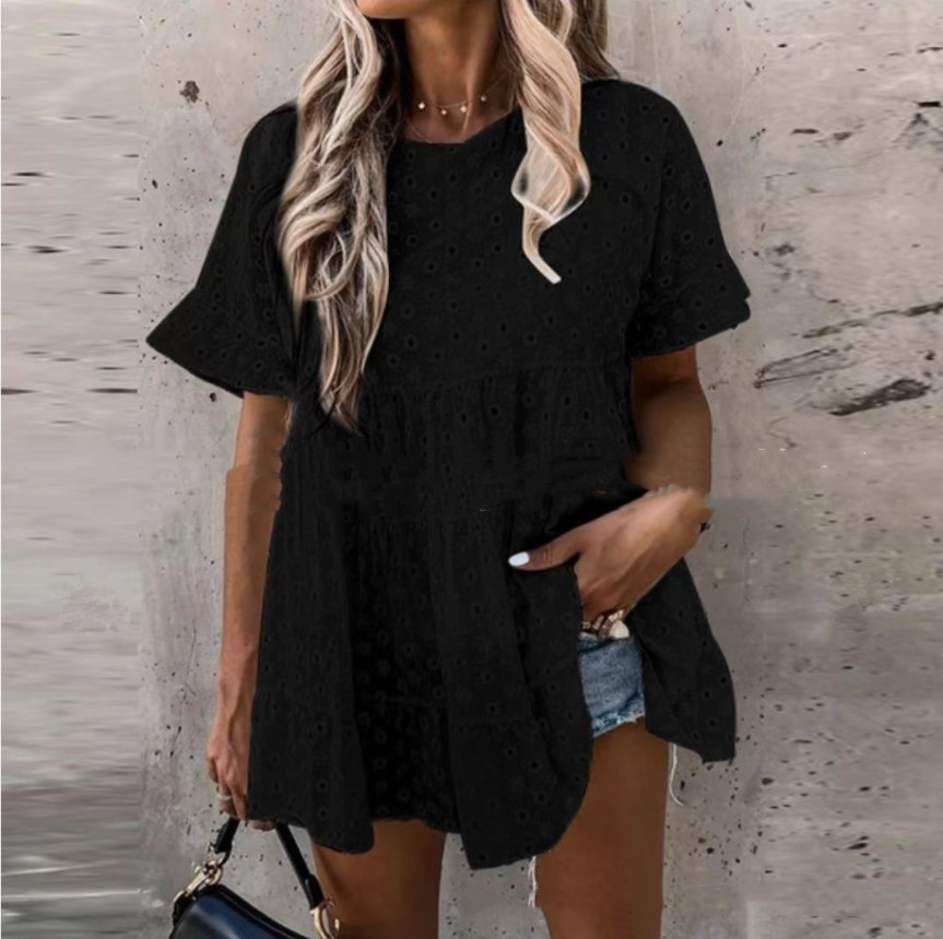 Cotton And Linen Hollow Jacquard Round Neck Short-sleeved Shirt