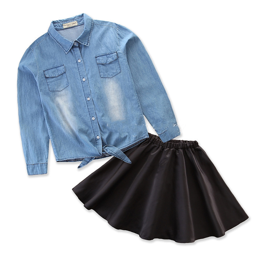 New Denim Shirt Andblack Skirt Suit Family Wear