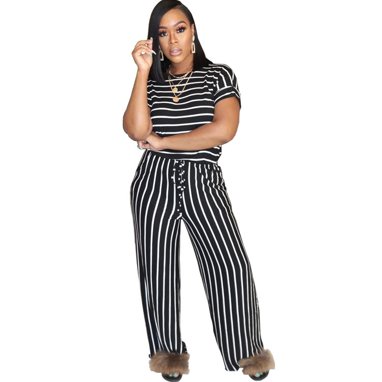 Striped Printed Lace-up Short-sleeved Wide-leg Pants Two-piece Trouser Suit