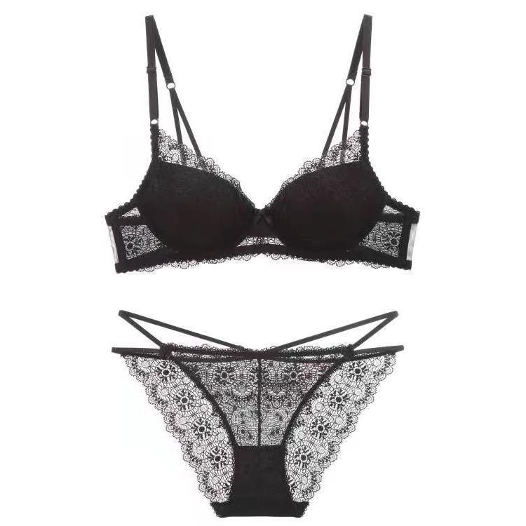 Sexy Lace Bra Panty Set Women Deep V Gathered Sexy Lingerie Black - Shop at LoveMi