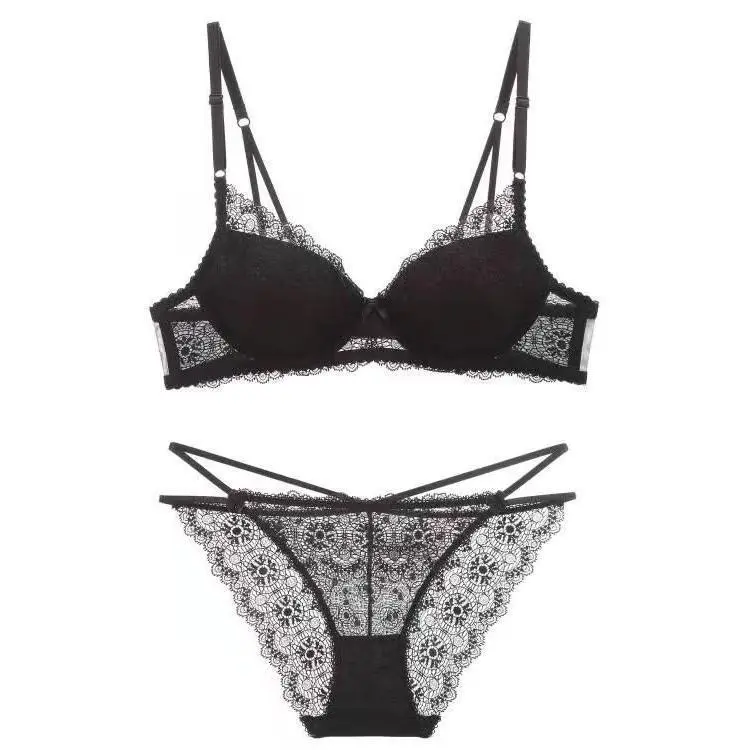 Sexy Lace Bra Panty Set Women Deep V Gathered Sexy Lingerie - Black