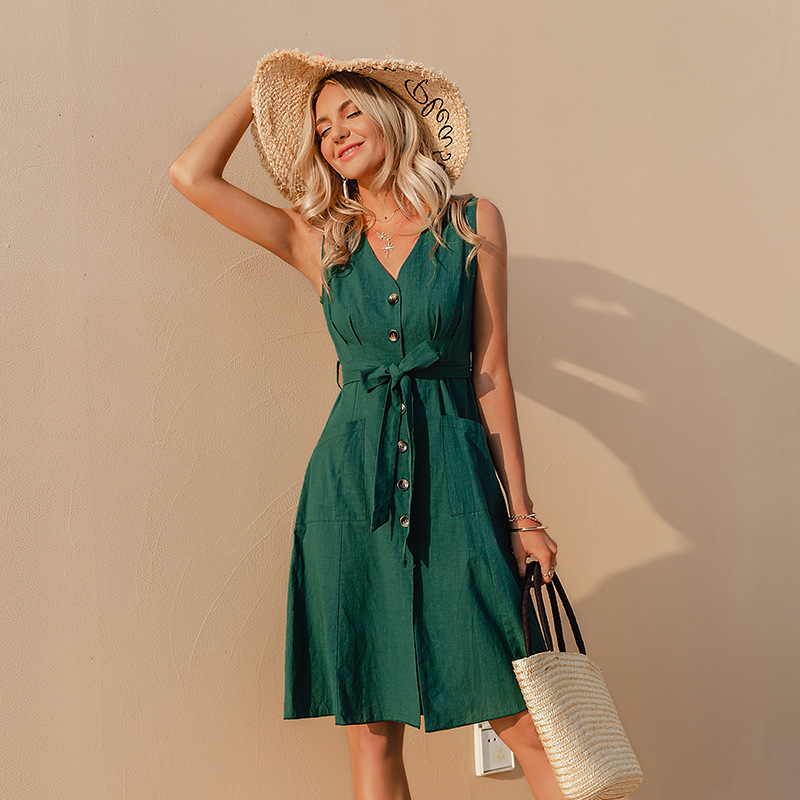 Solid Color V-neck Pocket Single-breasted Tank Top Dress