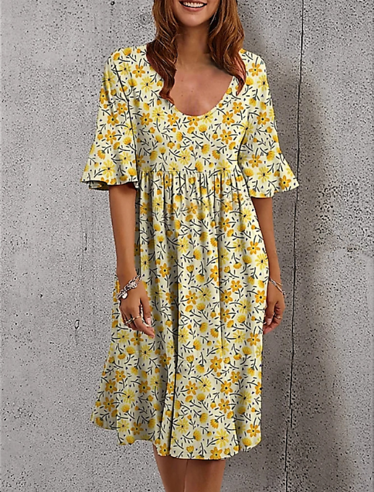 Women's Round Neck New Sleeve Dress Multicolor Printed Skirt