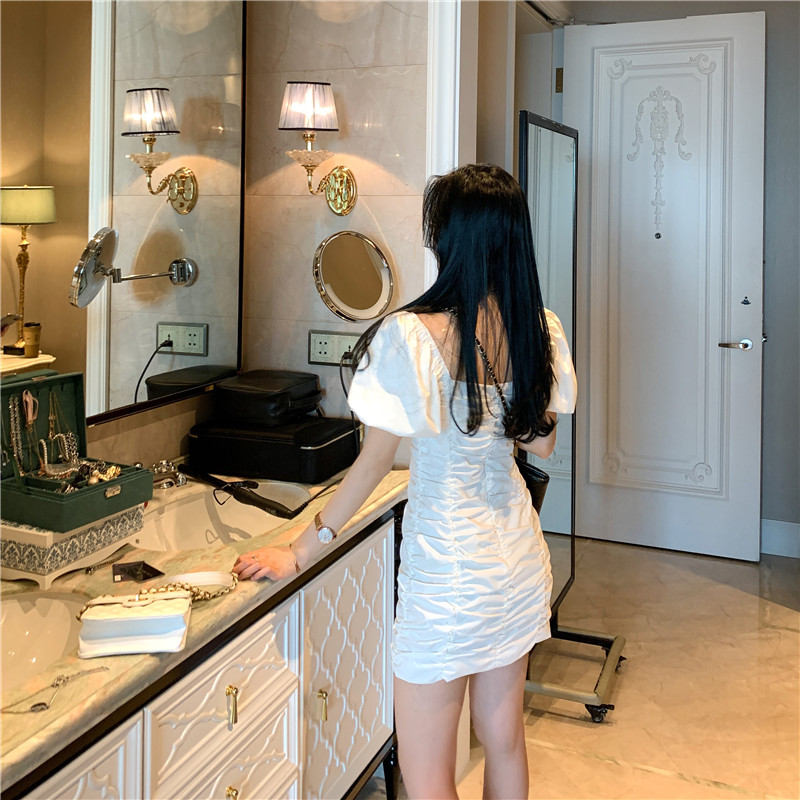 Design Wrinkle Retro Square Neck Bubble Short Sleeve