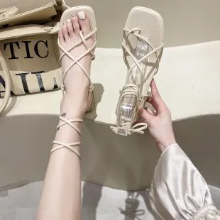 New Style Roman Lace on toe Flat Sandals Women Ankle Straps Beige - Shop at LoveMi