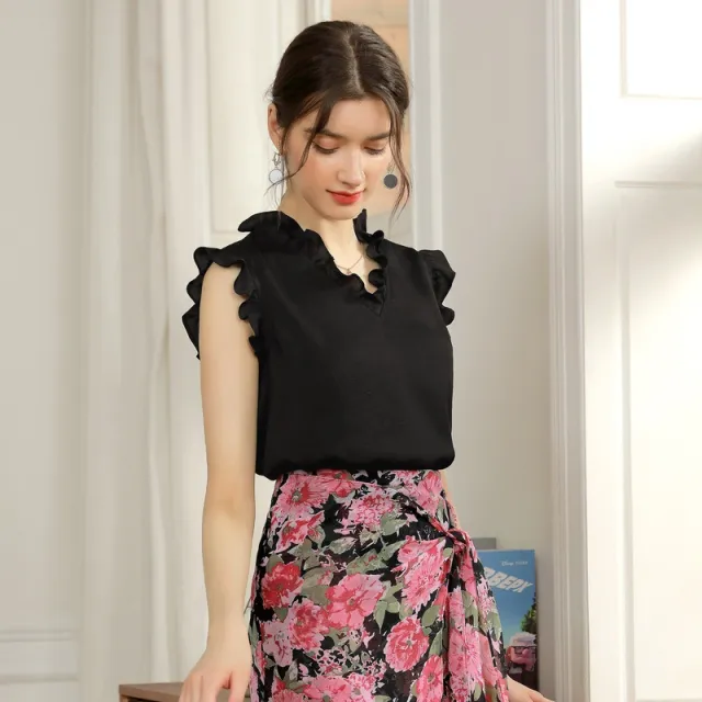 Simple V neck Sleeveless Chiffon Shirt Black - Shop at LoveMi