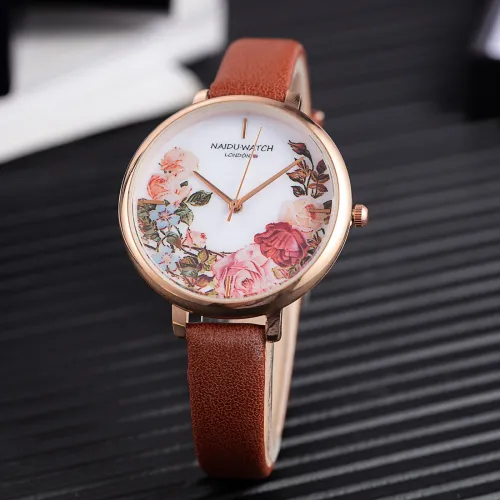 PU Leather Simple Ladies Watch Creative Retro Flower Big Dial Quartz Female Watch