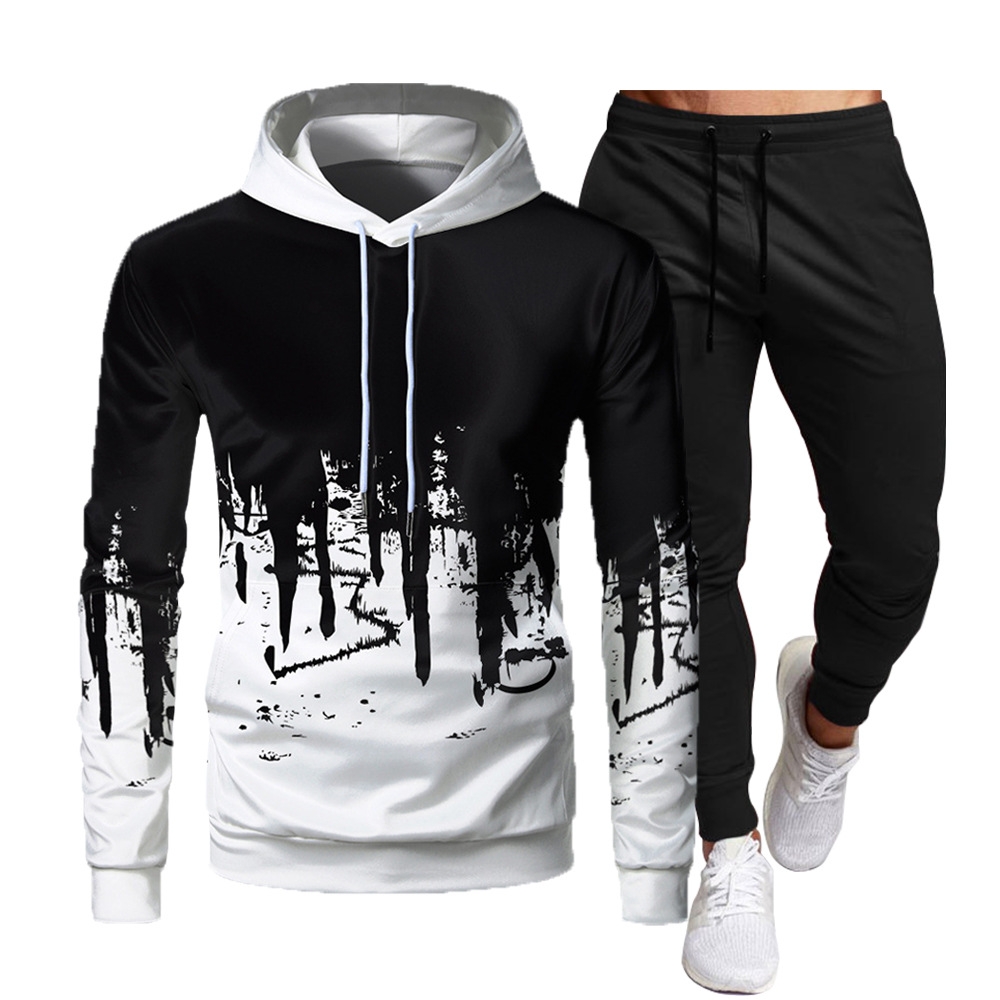 Men's Casual Solid Color Sweater Long Sleeved Sports Hooded 3D Sweater Trousers Suit