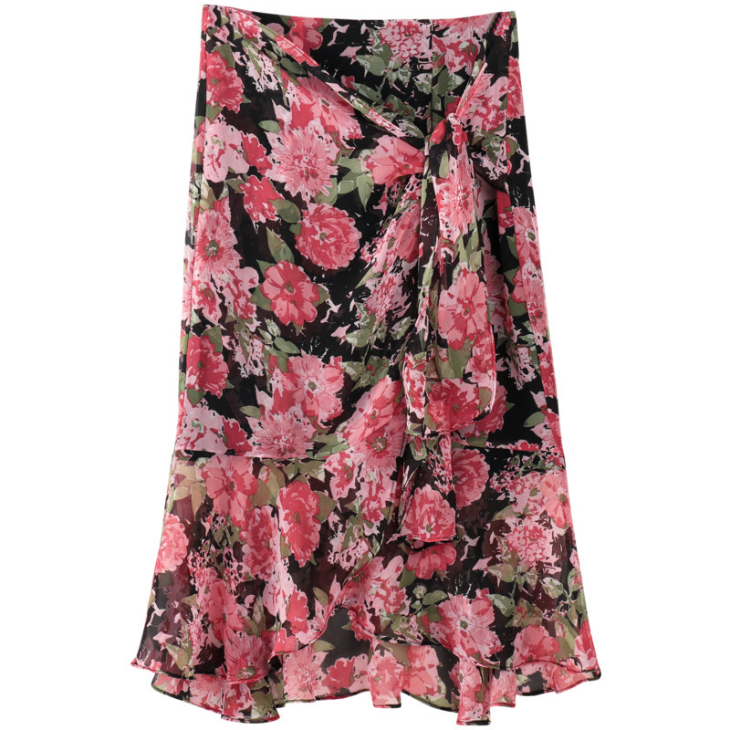 New Fashion Women's Korean Style Printed High-waisted Lace-up Flowy Skirt