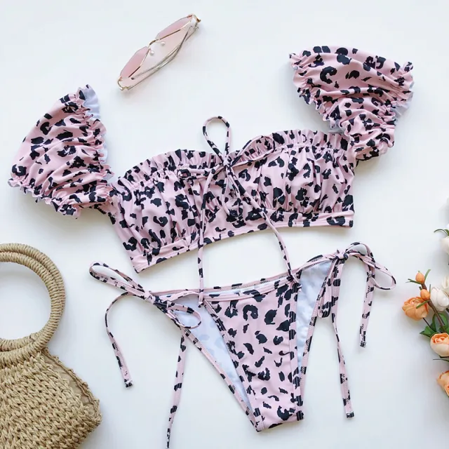 New Bikini Sexy One shoulder Puff Sleeve Strappy Swimsuit Pink - Shop at LoveMi