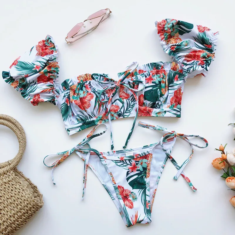 New Bikini Sexy One-shoulder Puff Sleeve Strappy Swimsuit - Colour-M