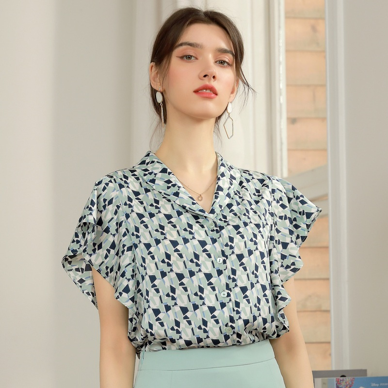 Printed Chiffon Shirt Women's Summer Short-sleeved Floral Lotus Leaf
