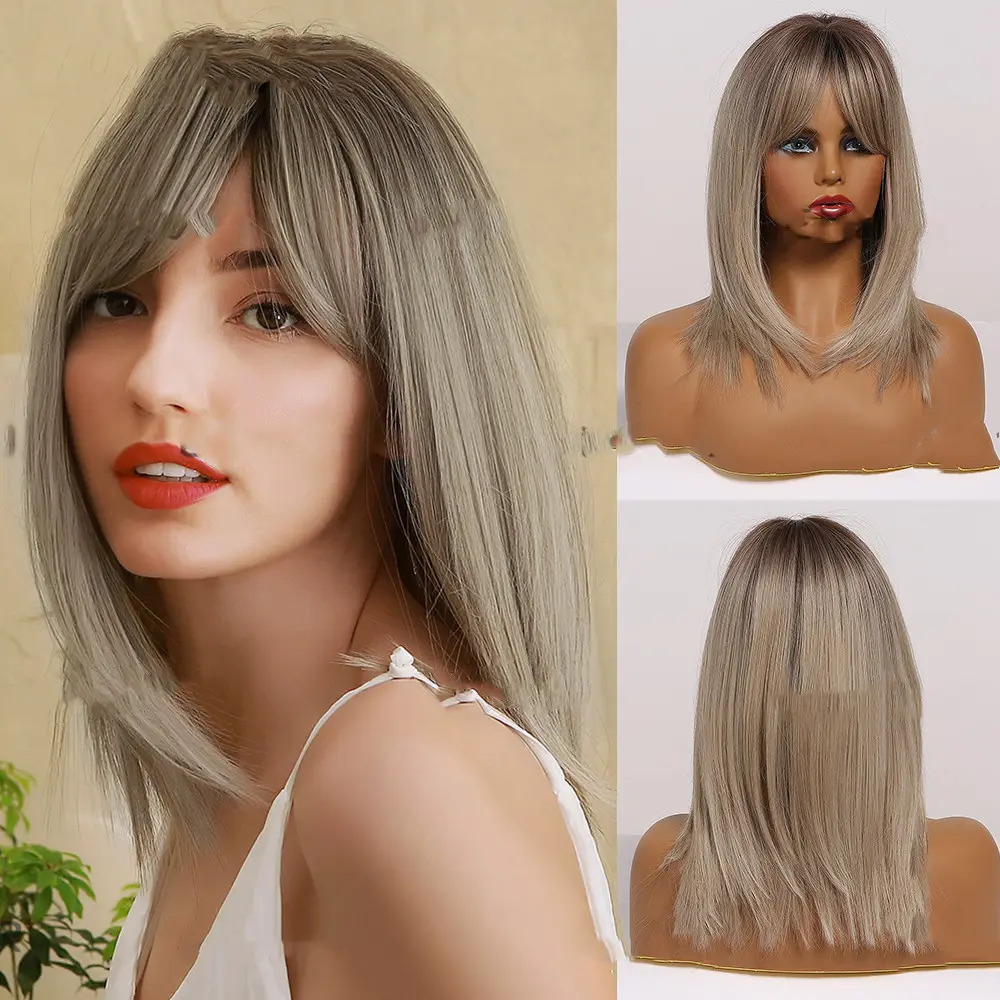 Wig, Eight-character Bangs, Gradient Golden High-grade Gray