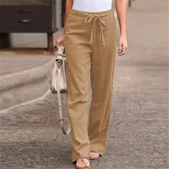 Elastic Waist Solid Color Cotton And Linen Wide-leg Pants Loose Trousers - Brown - View 1