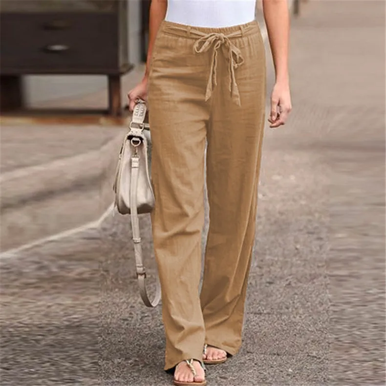 Elastic Waist Solid Color Cotton And Linen Wide-leg Pants Loose Trousers - Brown