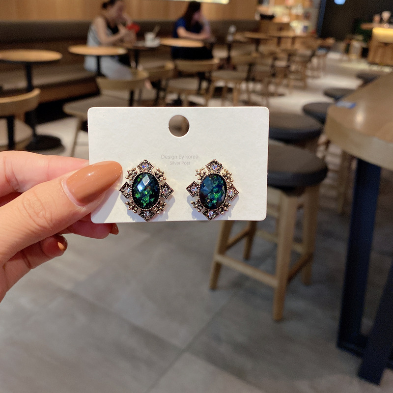 925 Silver Needle Deep Sea Blue Crystal Earrings Retro Hong Kong Style Fashion Temperament Earrings