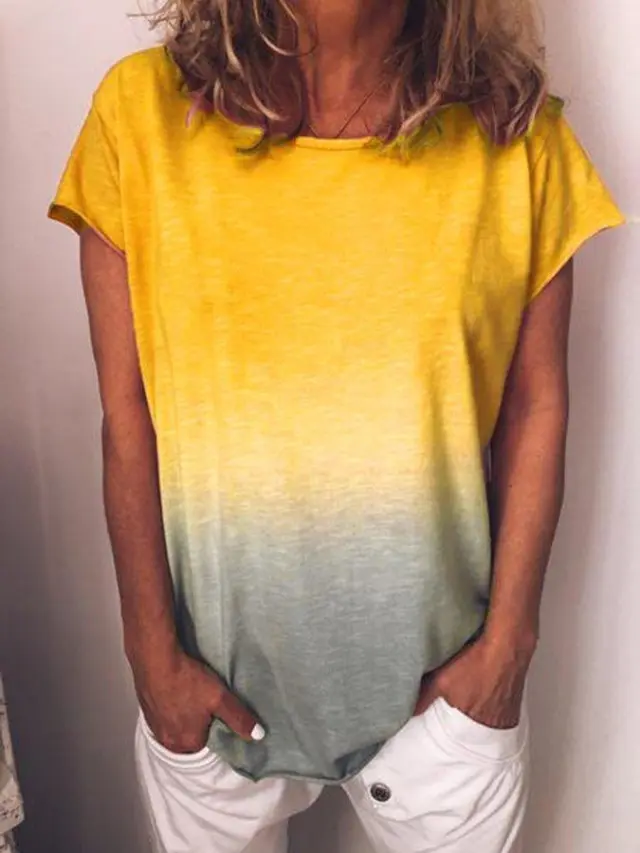 Solid Color T Shirt With Rainbow Gradient Print Yellow - Shop at LoveMi