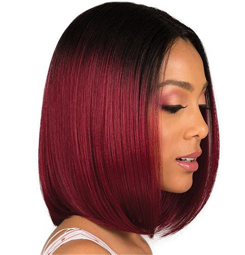 Women's Short Straight Hair, Black Gradient Burgundy Bobo Short Hair - Image 3