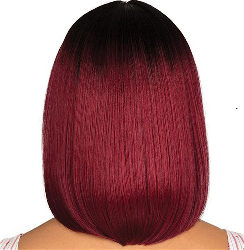 Women's Short Straight Hair, Black Gradient Burgundy Bobo Short Hair - Image 5