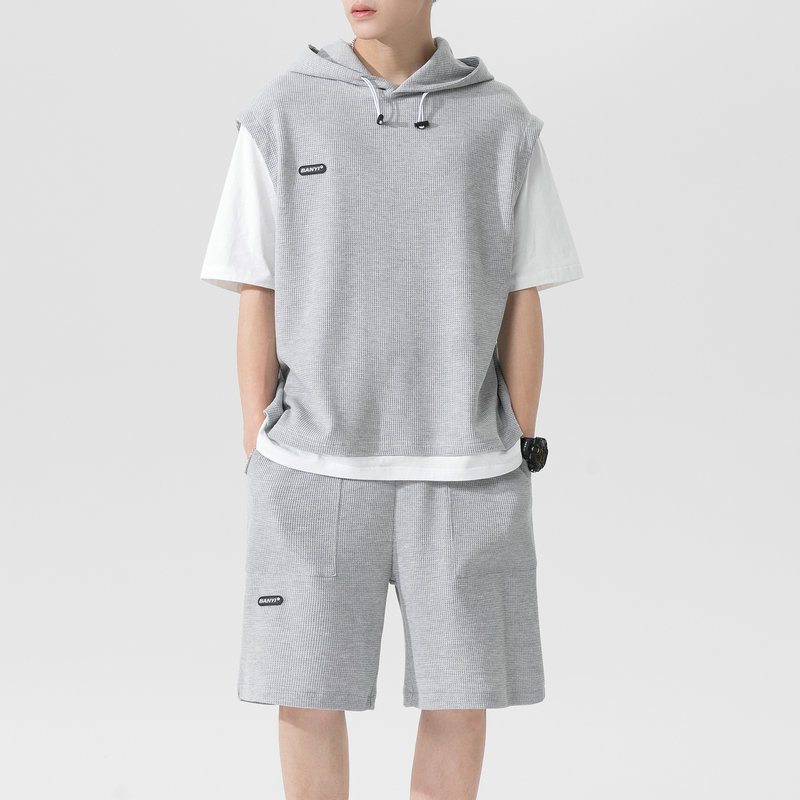 Summer New Short-sleeved Hooded T-shirt Men's Two-piece Suit