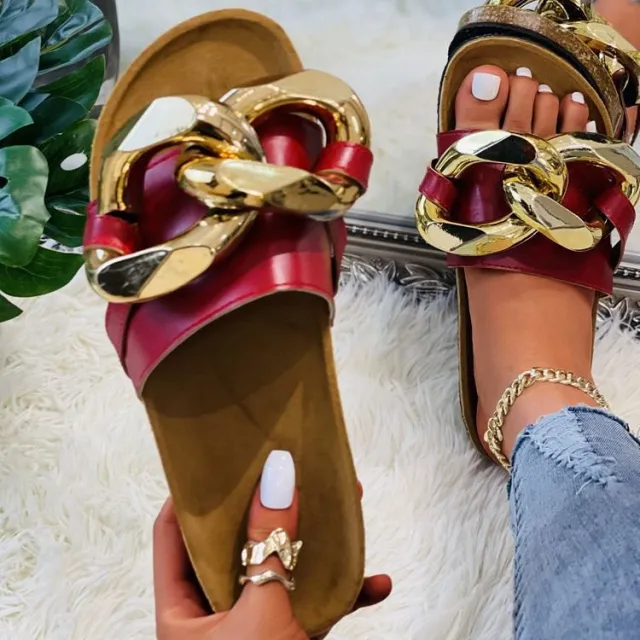 Summer Large Size Sandals And Metal Chain Flat Platform Slippers Red - Shop at LoveMi