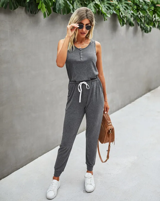 Summer Solid Color Casual Pocket Lace Up Women's Knitted Jumpsuit Dark Grey - Shop at LoveMi