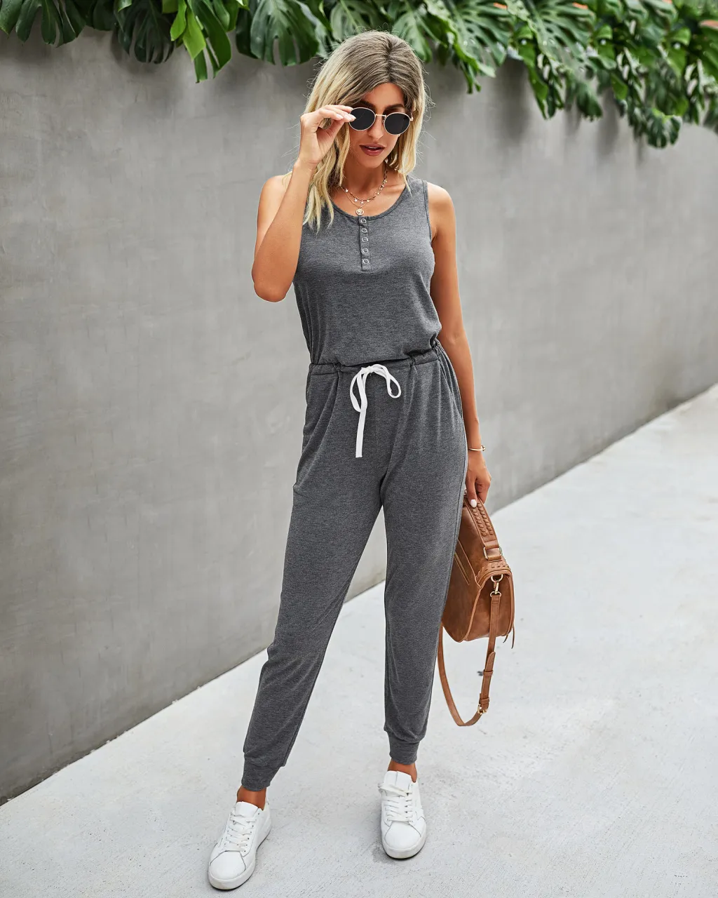 Summer Solid Colour Casual Pocket Lace Up Women's Knitted Jumpsuit - Dark Grey