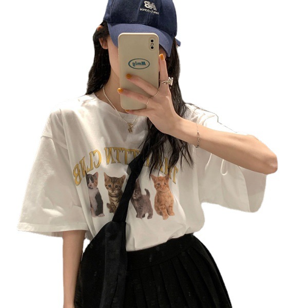 Cute Kitten Letter Print Loose Short Sleeves