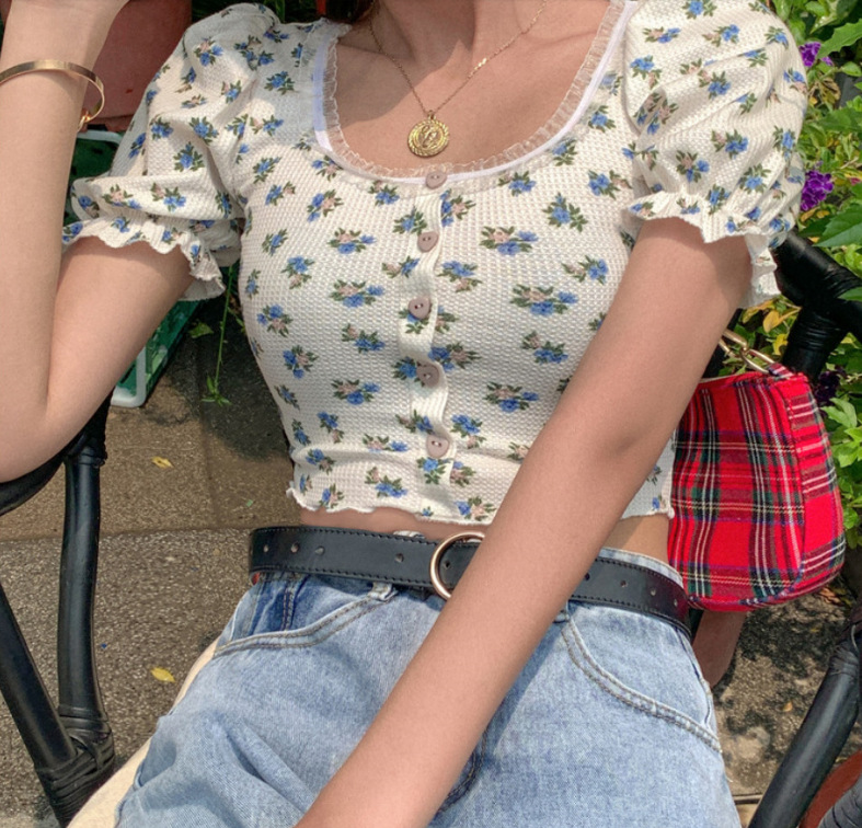 Floral Fungus Lace Side Neck Puff Sleeve Crop T-shirt