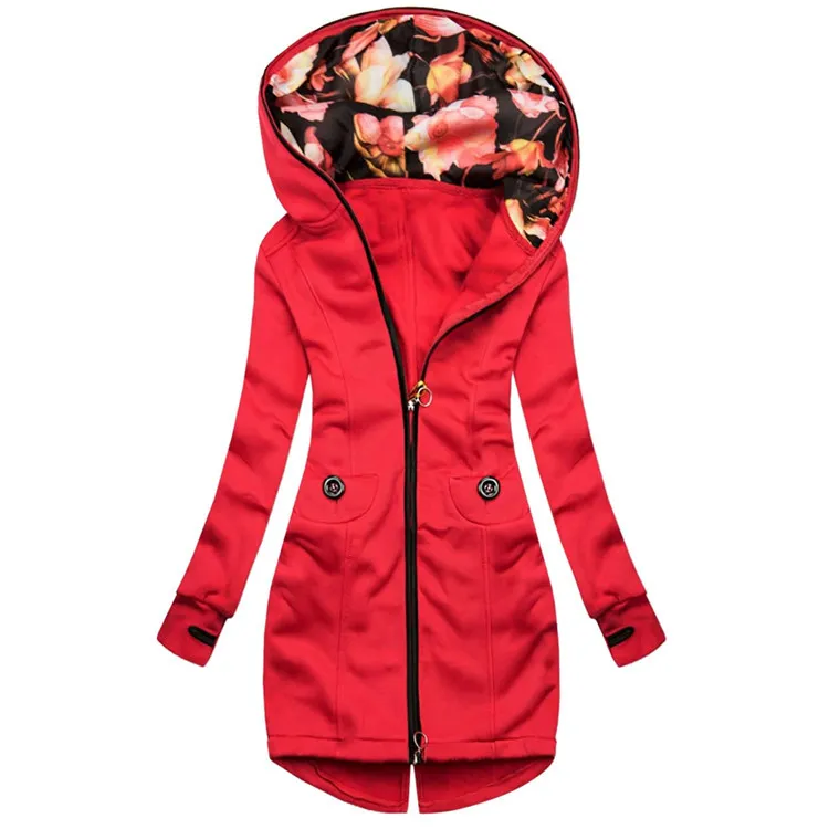 Casual Medium To Long Solid Color Hoodie Cardigan - Red