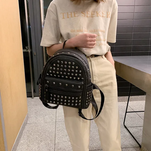 Rivet Soft Leather Sense Solid Color Backpack Casual Ladies Backpack Trend Black - Shop at LoveMi
