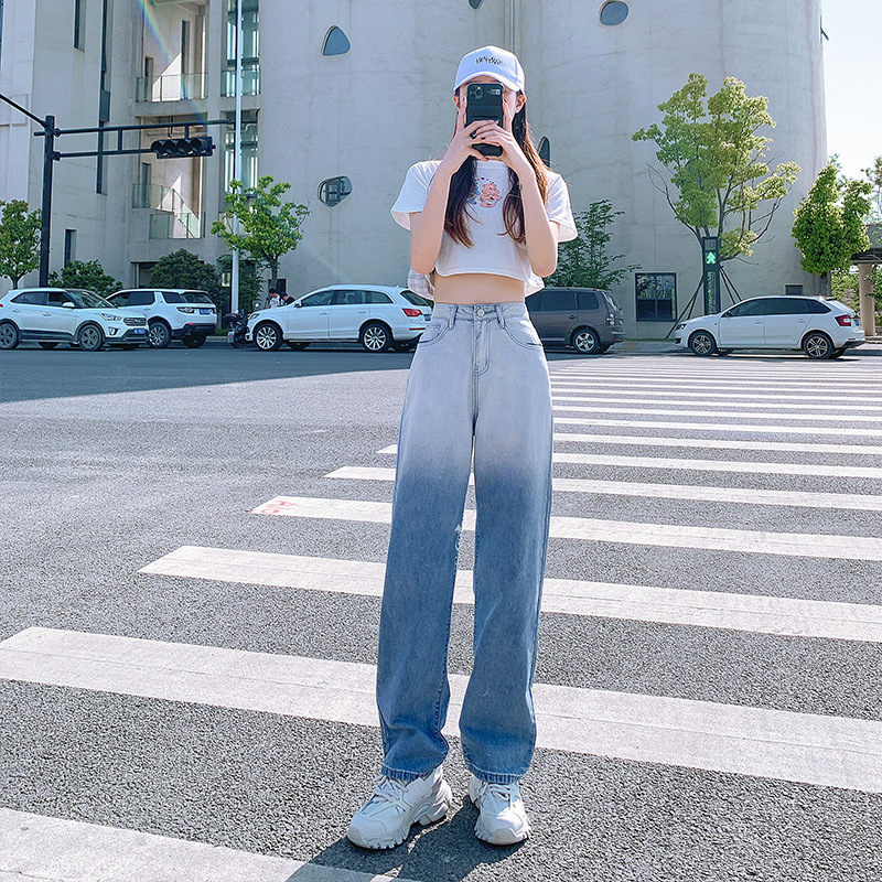 Color Upper Body Big Beautiful Summer Blue Gradient Straight Cow Trousers