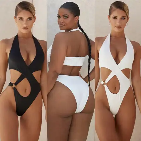 Sexy One-Piece Swimsuit Women's Solid Color Cross Hollow Large