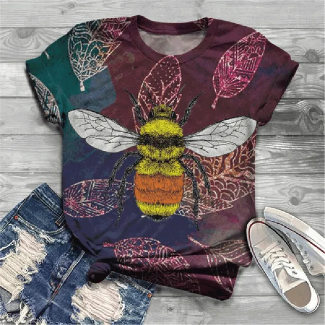 Fashion Short sleeved T shirt Flower And Bird Animal Print Summer Loose Top Dark Blue - Shop at LoveMi