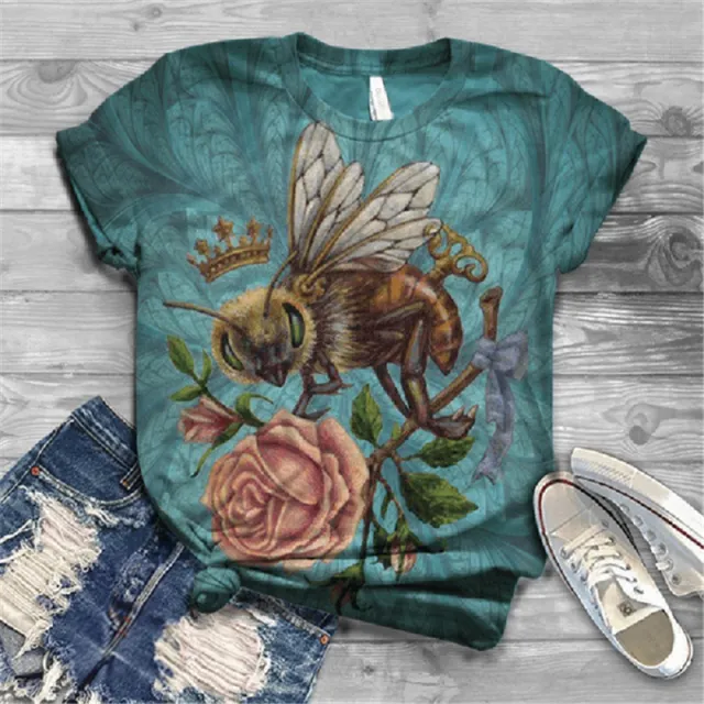 Fashion Short sleeved T shirt Flower And Bird Animal Print Summer Loose Top Lake Blue - Shop at LoveMi