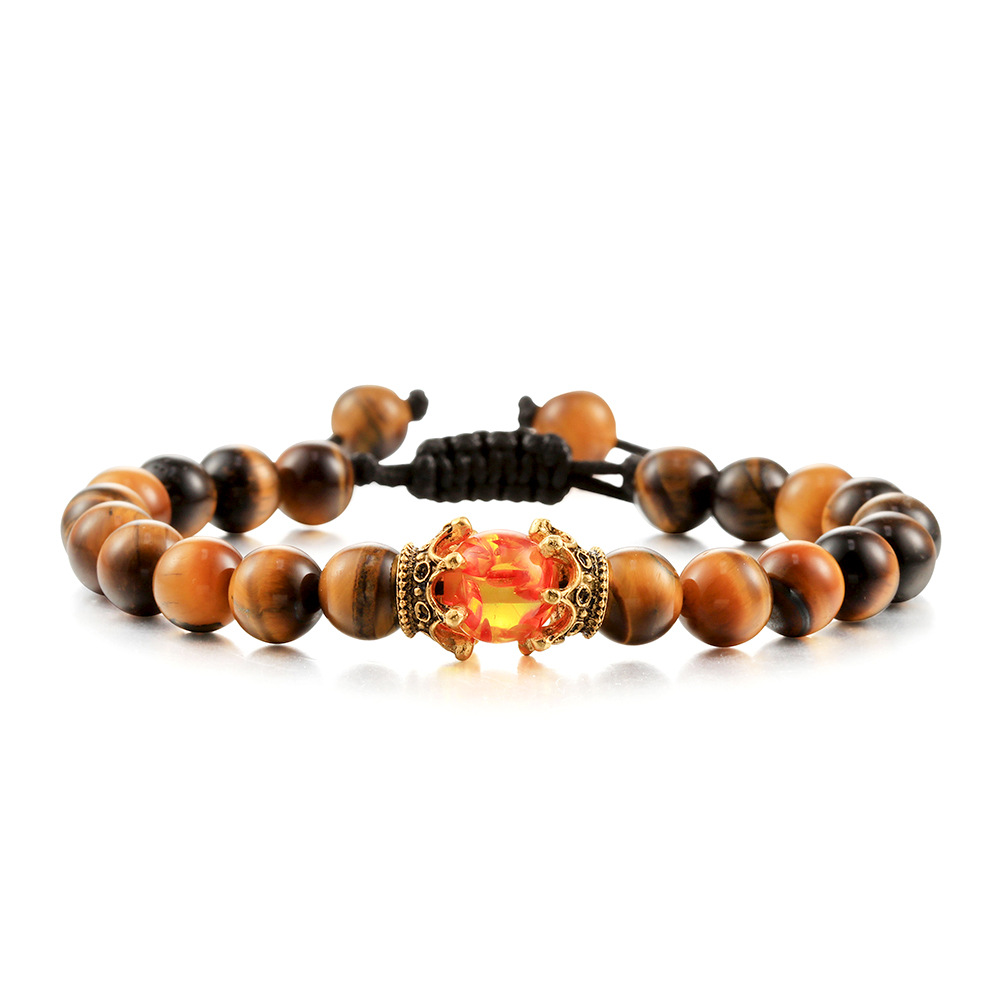 Black Lava Stone Crown Charm Tiger Eye Beads Bracelet