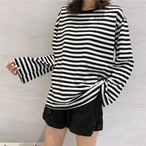 Black And Red Stripes Loose Women's Long Sleeves Red - Shop at LoveMi
