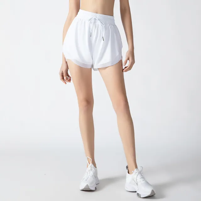 Sports Shorts Women Fake Two piece Fitness Pants Mesh Lace Yoga Clothes Three quarter Pants White - Shop at LoveMi