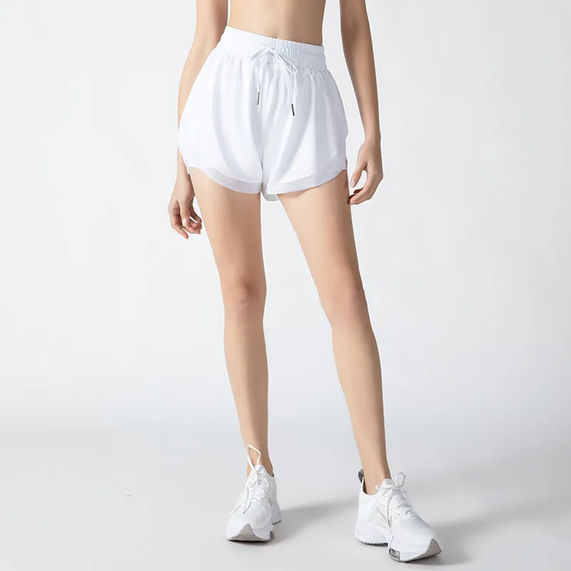Sports Shorts Women Fake Two-piece Fitness Pants Mesh Lace Yoga Clothes Three-quarter Pants - White