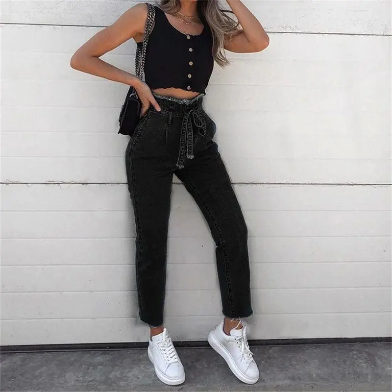 Women's Jeans Flower Bud High-Rise Frayed Lace-Up Jeans - Black