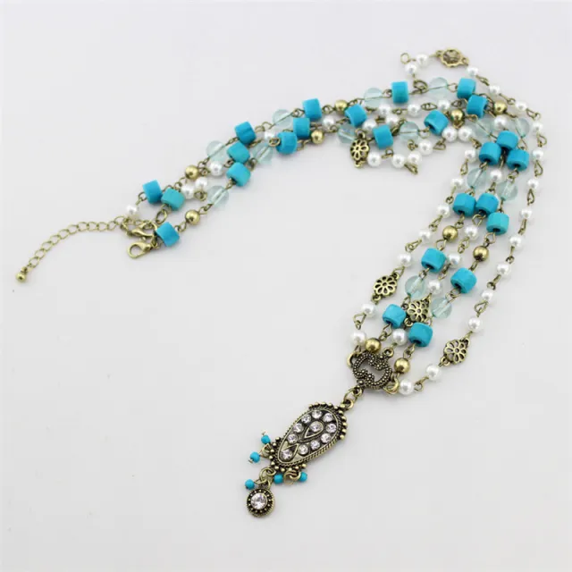 Bohemian Turquoise Pearl Drop Diamond Hair Accessory Hair Chain Blue - Shop at LoveMi