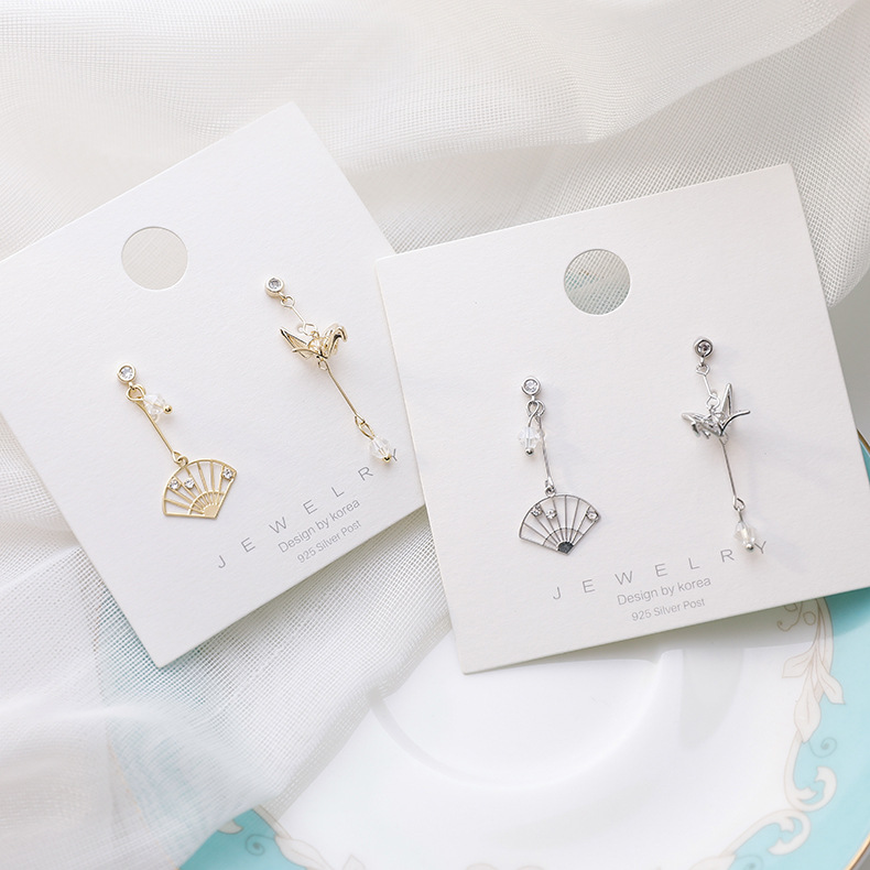 Thousand Paper Crane Folding Fan Antique Earrings Personality Asymmetrical Earrings