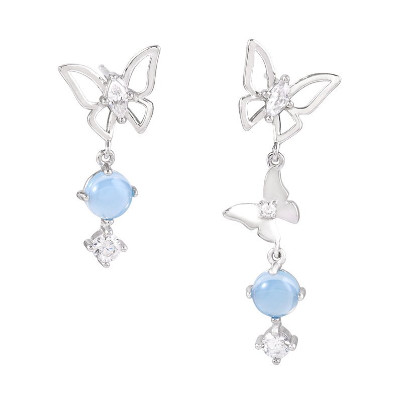 Blue Crystal Butterfly Asymmetrical Earrings, Simple Personality, Versatile Earrings